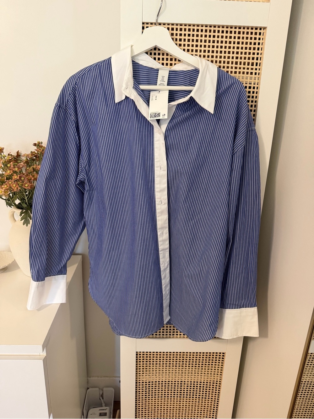 H&M Blue Pinstripe Button-Down Shirt with White Collar & Cuffs